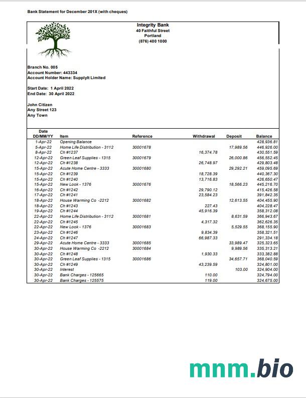 Oświadczenie bankowe integralności USA słowo i szablon PDF.1